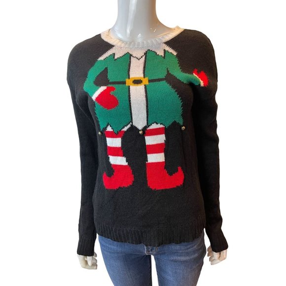 Derek Heart Womens Elf Christmas Sweater Jingle Bells Black Green Size Medium - Picture 2 of 8